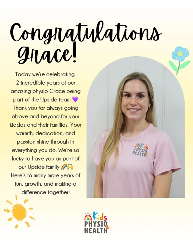 Today we’re celebrating 2 incredible years of our amazing physio Grace being part of the Upside team 💜

Thank you for always going above and beyond for your kiddos and their families. 

Your warmth, dedication, and passion shine through in everything you do. We’re so lucky to have you as part of our Upside family 🌈🙌

Here’s to many more years of fun, growth, and making a difference together!